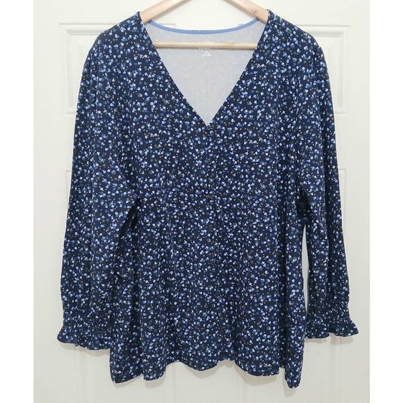 Lands end womens 2xl SOFT MODAL top blue green floral stretch button front - Picture 1 of 6